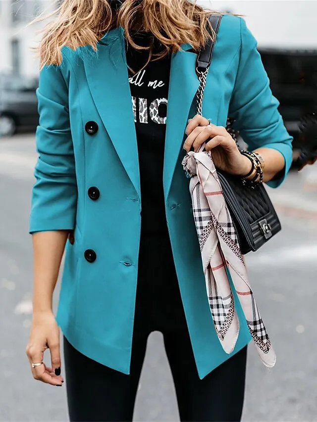 Women's Blazer Outdoor Button Solid Color Warm Fashion Regular Fit Outerwear Long Sleeve Fall Light Blue S