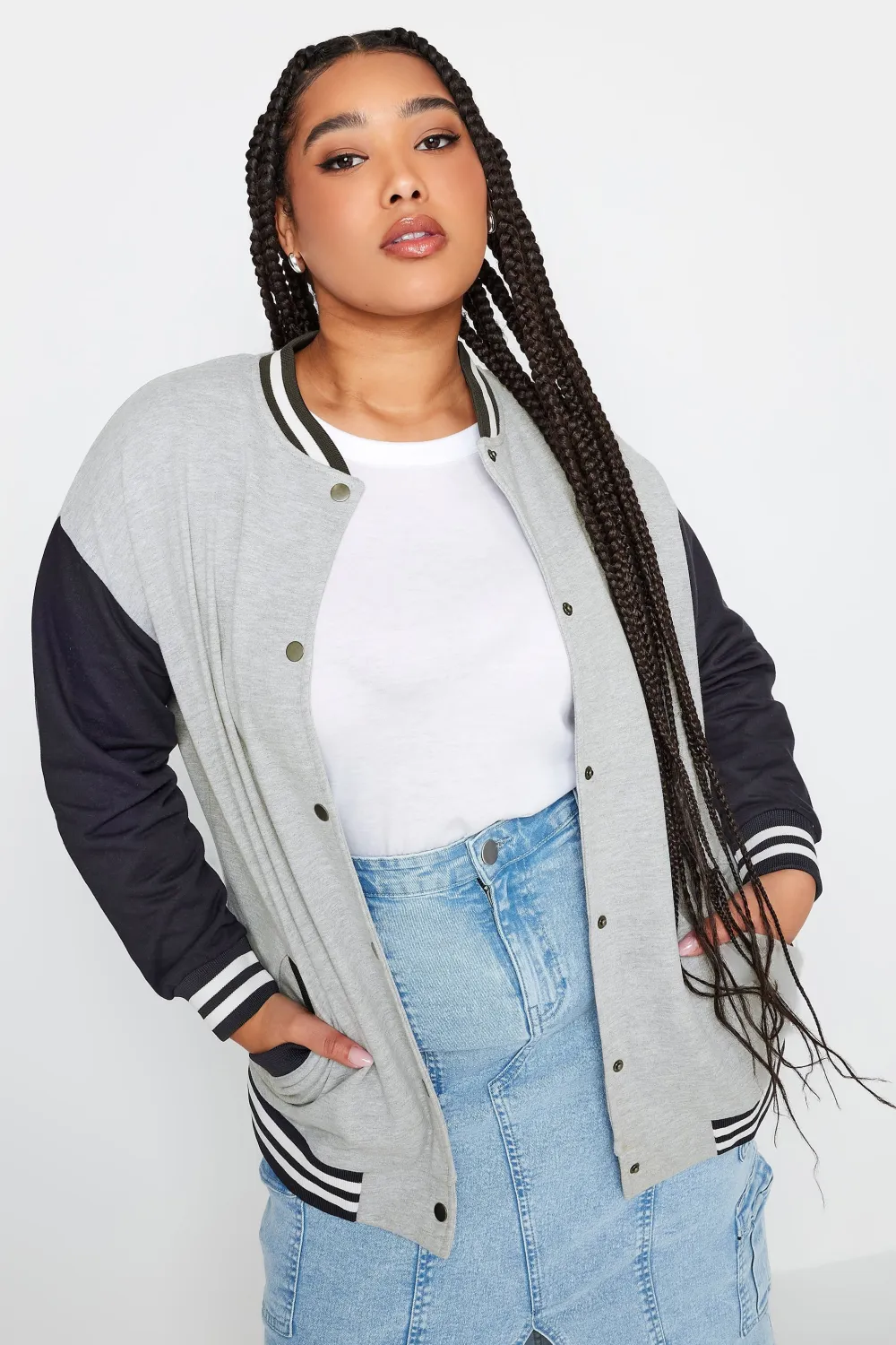 YOURS Curve Grey & Navy Blue Bomber Jacket