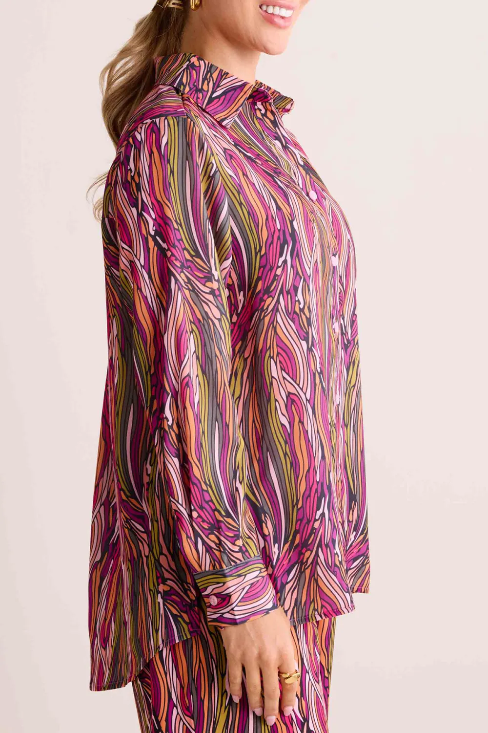 Multicolored Striped Print Collared Long Sleeve Blouse