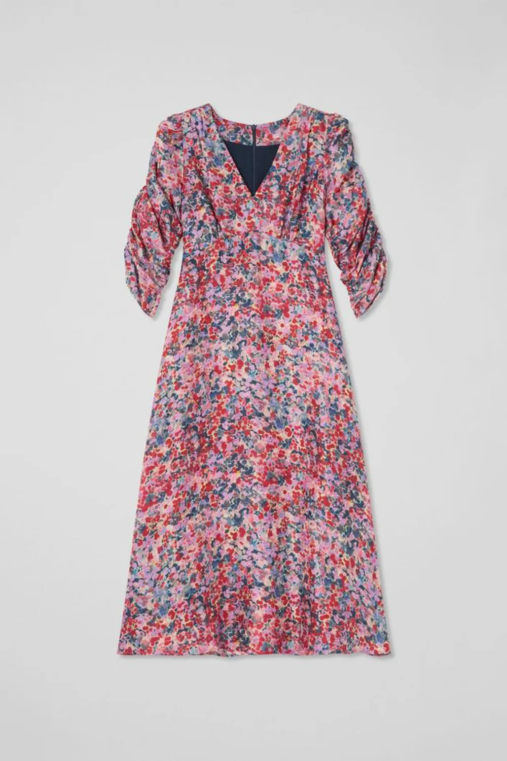 Pink Floral Print V Neck Midi Dress