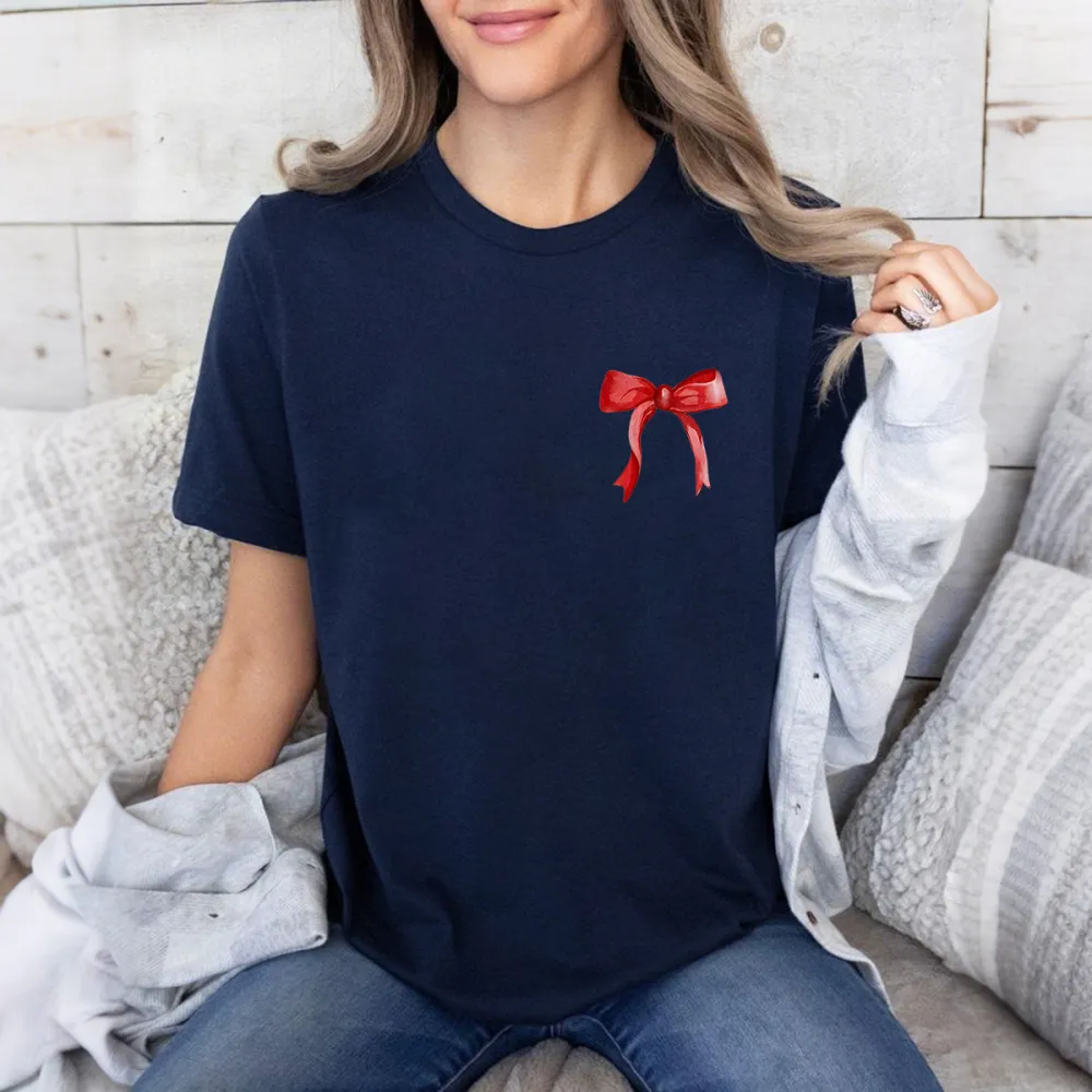 A Casual T-Shirt With A Red Bow, Baseball, Baseball Gloves, Baseball Cap And Crossed Baseball Bats.