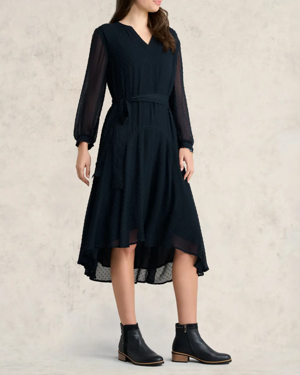 V Neck Long Sleeve Belted Midi Dress