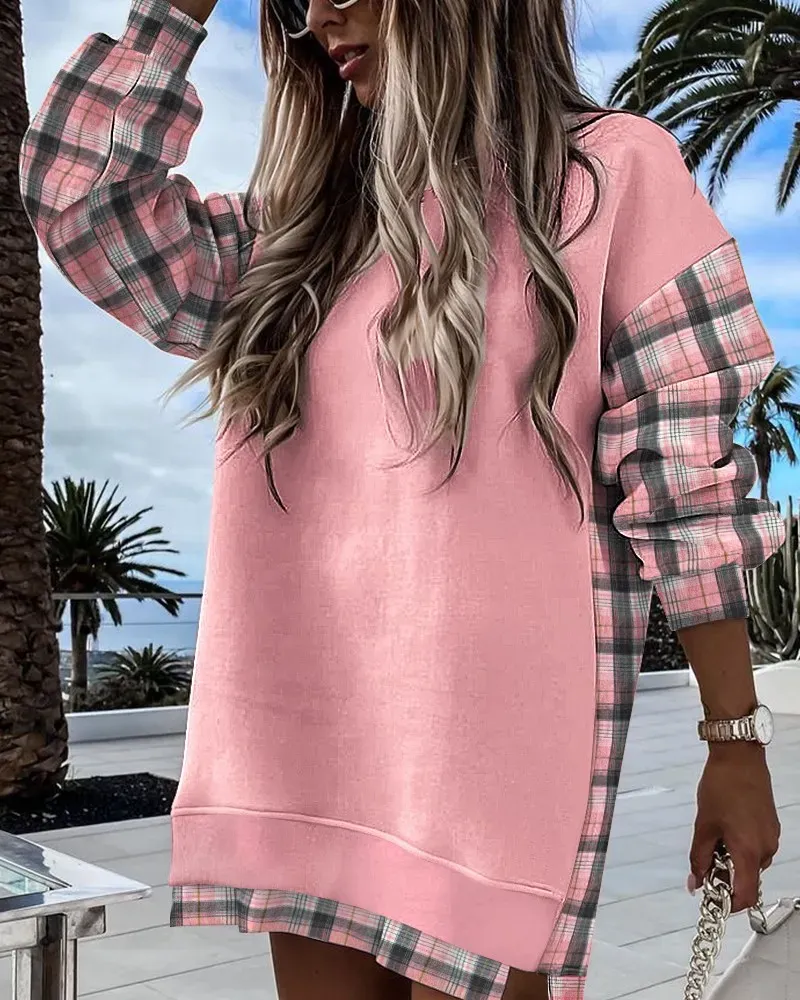 Plaid Print Colorblock Long Sleeve Sweatshirt Dress