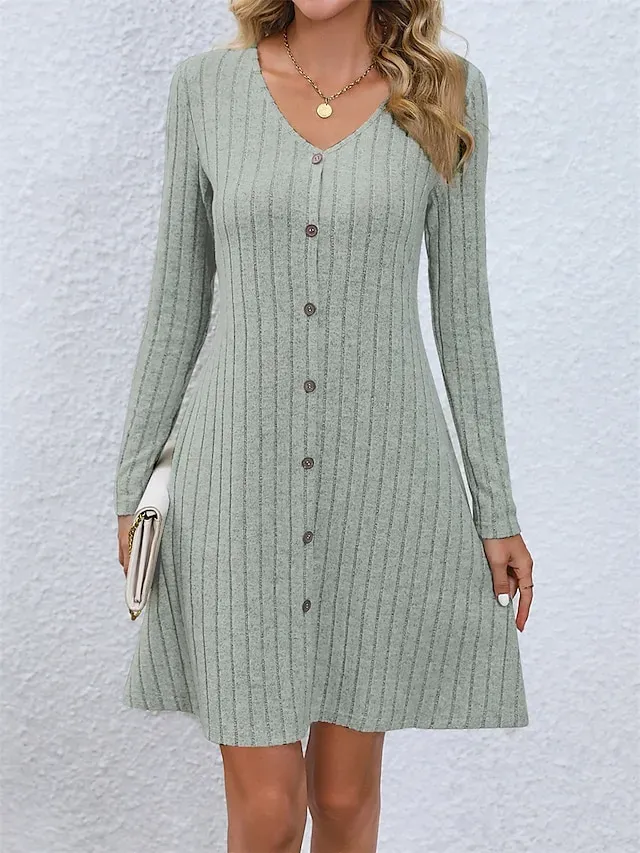 Women's Sweater Dress Jumper Dress Casual Dress Mini Dress Knitwear Fashion Modern Outdoor Daily Going out Weekend V Neck Long Sleeve Button Up Button 2023 Regular Fit Black Light Green Fuchsia S M L