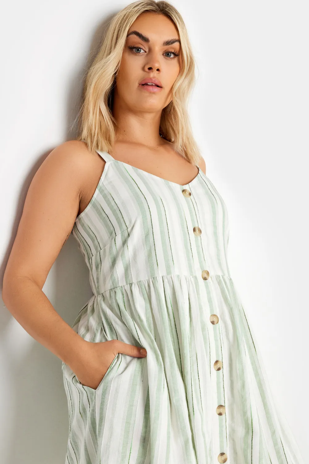 YOURS Curve White & Sage Green Stripe Sundress