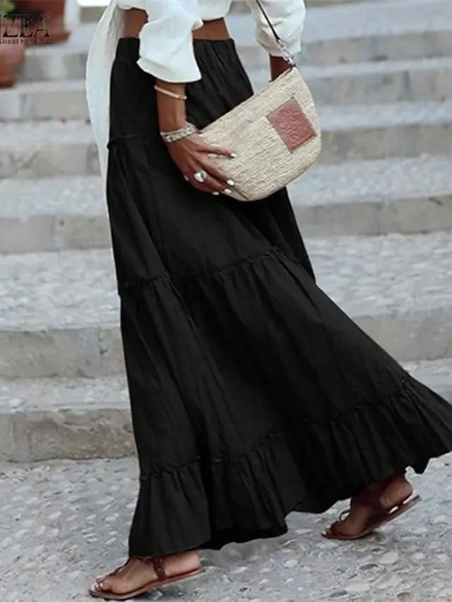 Women's Skirt Swing Maxi Cotton Blend Black Pink khaki Skirts Ruffle Fashion Casual Daily S M L