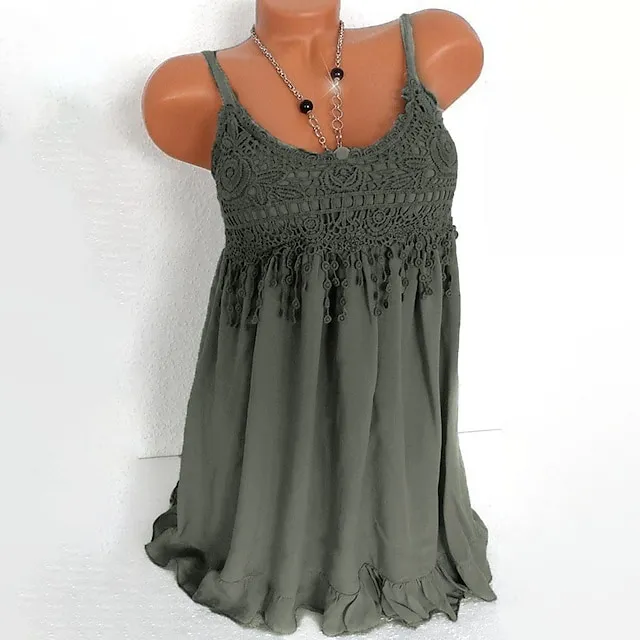 Women's Plus Size Tank Top Camisole Summer Tops Solid Color White Blue Green Lace Ruffle Sleeveless Daily Weekend Holiday Casual Strap Regular Fit Summer Spring