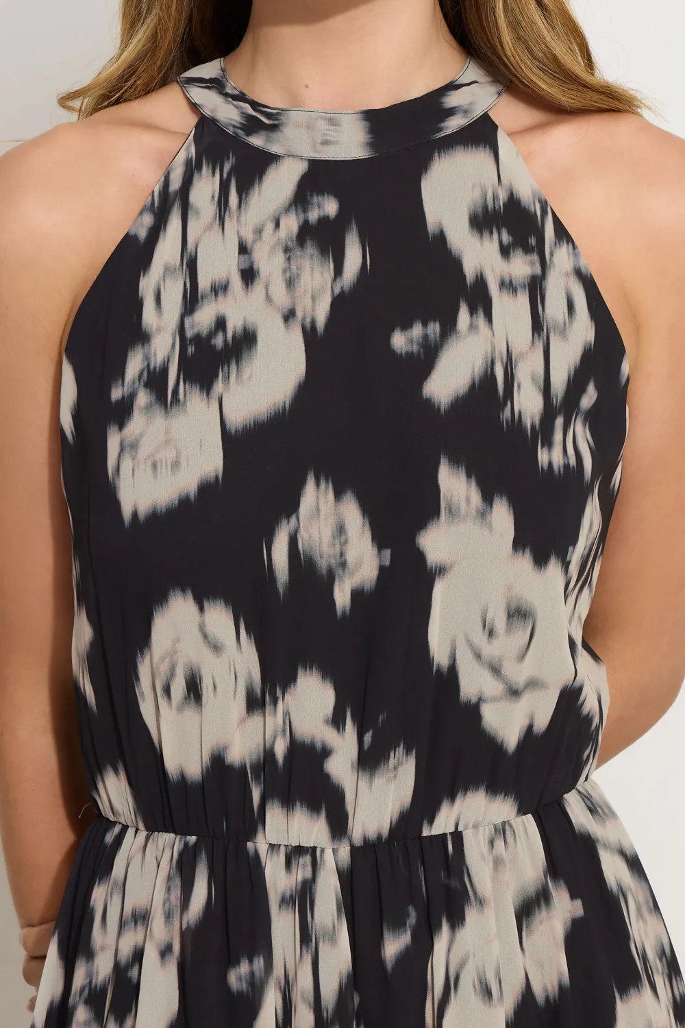 Black Floral Halter Neck Dress