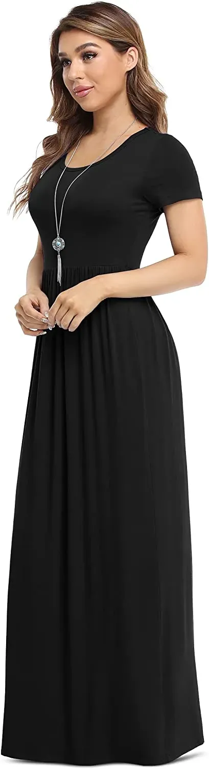 Women's Short Sleeve Loose Plain Maxi Dresses Casual Long Dresses with Pockets