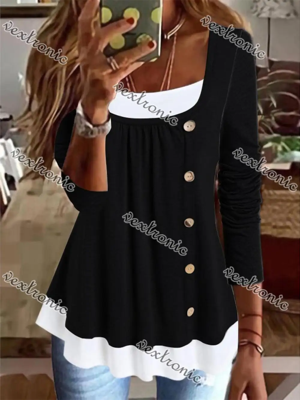 Women's Long Sleeve U-Neck Buttons Top