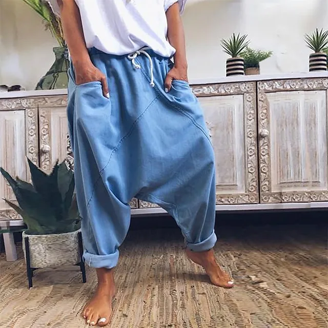 Women's Fashion Streetwear Chinos Harem Pants Side Pockets Baggy Elastic Drawstring Design Full Length Pants Casual Weekend Micro-elastic Plain Linen / Cotton Blend Comfort Mid Waist Loose Blue Gray