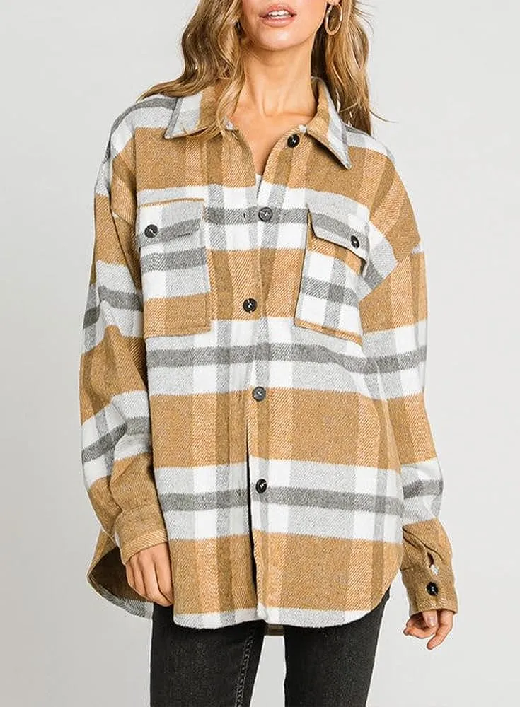 Women's Flannel Plaid Shacket Long Sleeve Button Down Chest Pocketed Shirts Jacket Coats