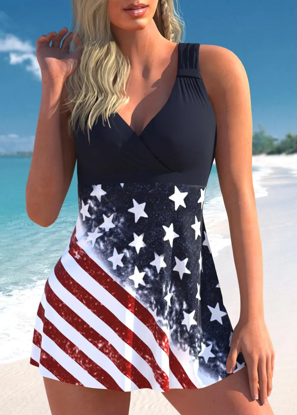 Ruched American Flag Print Multi Color Swimdress Top