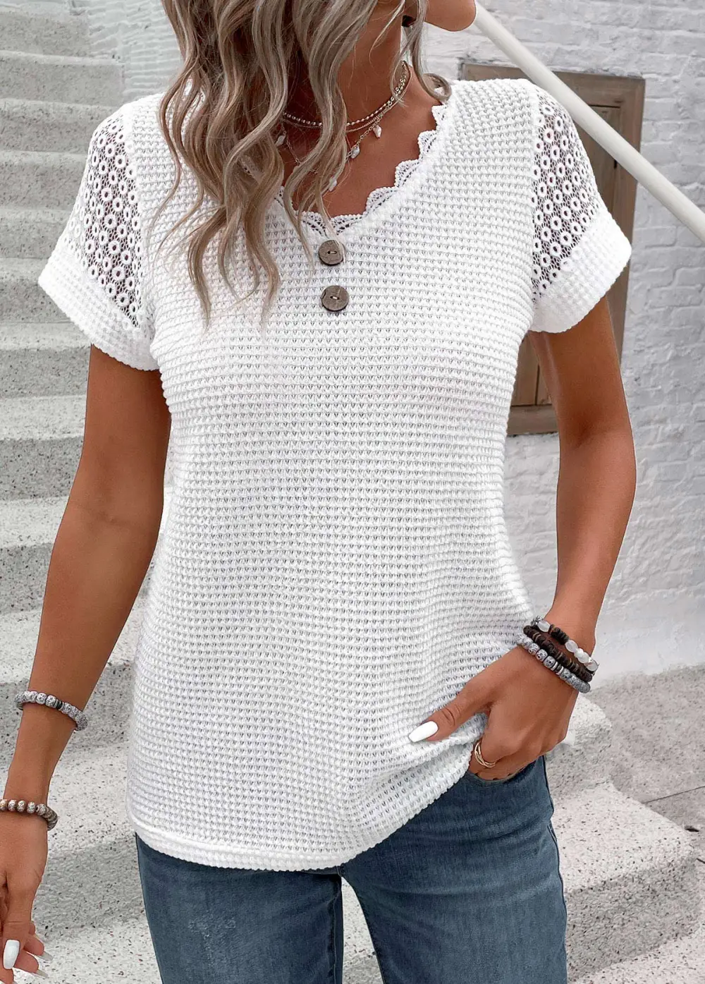 White Patchwork Short Sleeve V Neck T Shirt