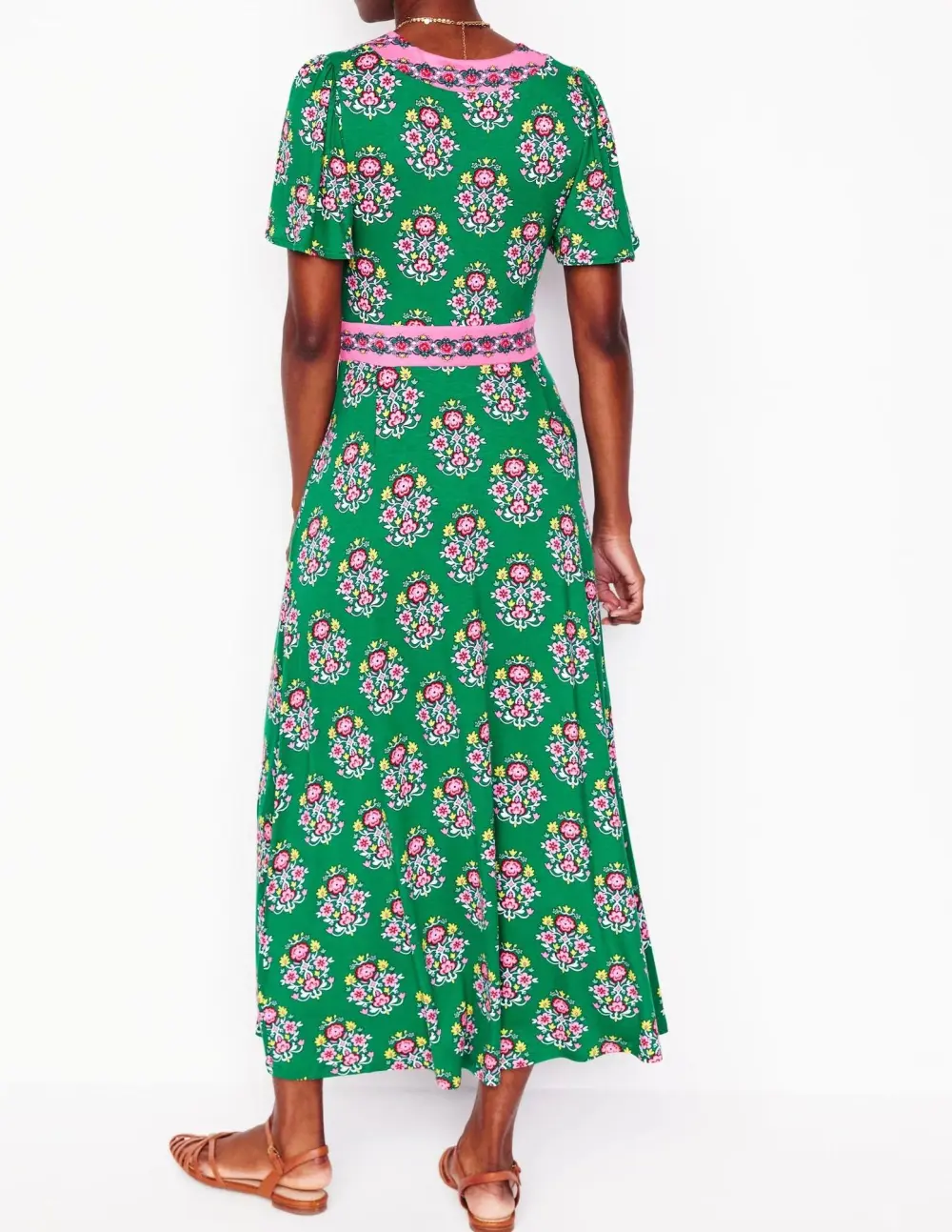 Green Floral Flutter - Sleeve Maxi Tea Dress