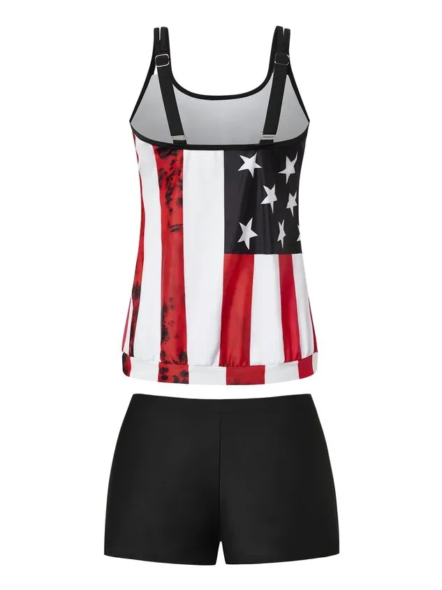 Casual America Flag Printing Scoop Neck Tankinis Two-Piece Set