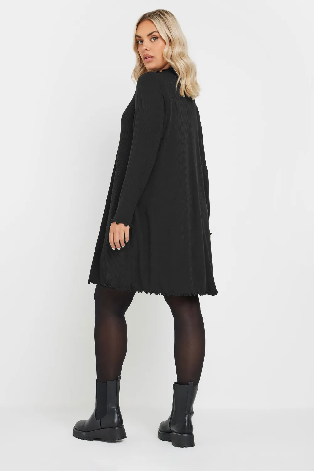 YOURS Curve Forest Green Ribbed Lettuce Hem Tunic Dress