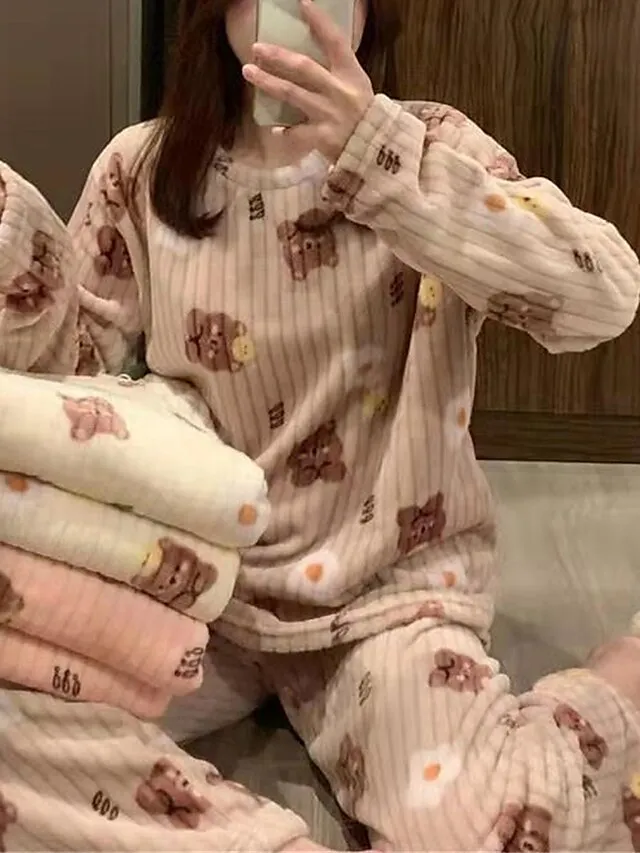 Women's Fleece Loungewear Sets Fluffy Pajama Fuzzy 2 Pieces Bear Peach Fashion Casual Comfort Street Daily Date Polyester Warm Crew Neck Long Sleeve Pant Fall Winter Lotus Pink Black