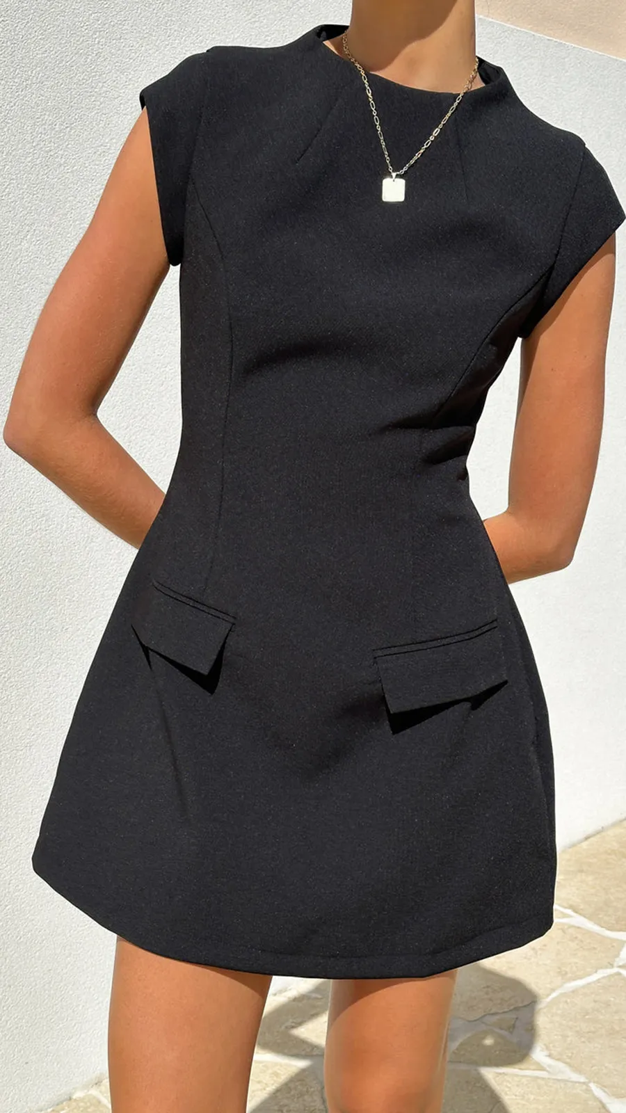 High Neckline Front Pocket Details Mini Dress