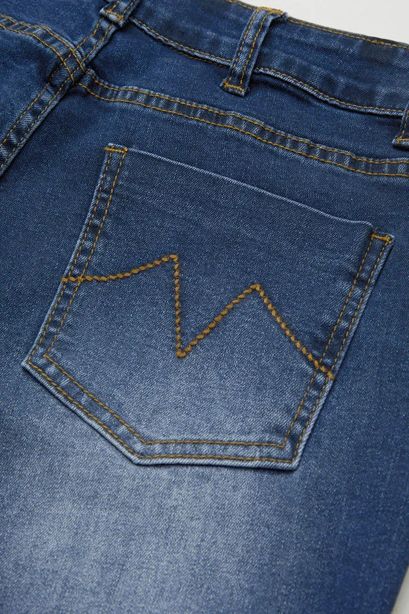 Embroidery Pocket Mid Waist Bootcut Jeans Without Belt