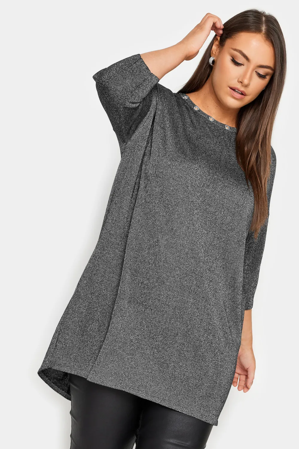 YOURS Curve Grey Metallic Eyelet Jumper