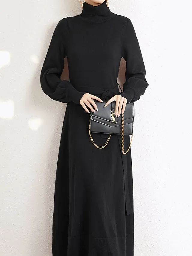 Women's Red Christmas Dress Sweater Dress Jumper Dress Midi Dress Warm Fashion Casual Plain Outdoor Christmas Daily Vacation Turtleneck Long Sleeve Lace up 2023 Regular Fit Black Wine Blue One Size