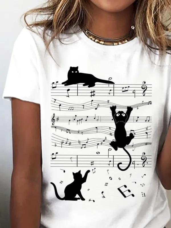 Katze Print T-Shirt Rundhals Lässig Urlaub&Täglich Noracora