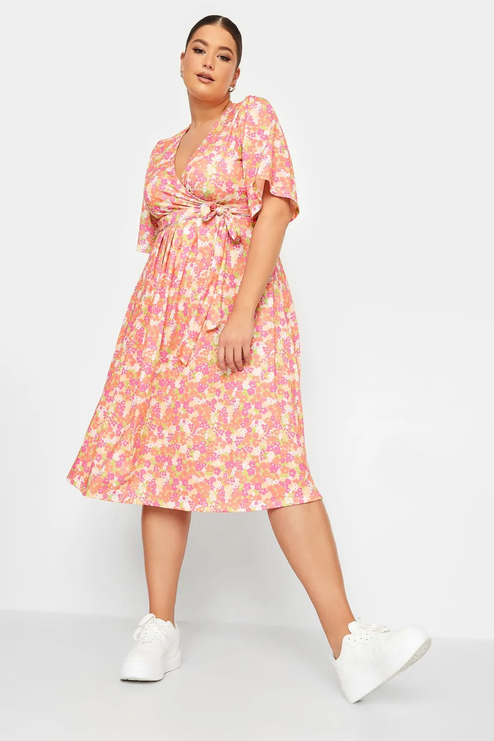 YOURS Curve Orange Floral Print Wrap Midi Dress
