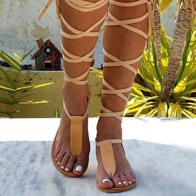 Women's Sandals Lace Up Sandals Strappy Sandals Flat Sandals Gladiator Sandals Roman Sandals Outdoor Daily Beach Summer Flat Heel Open Toe Vintage Casual Minimalism Walking Shoes PU Leather Polyester
