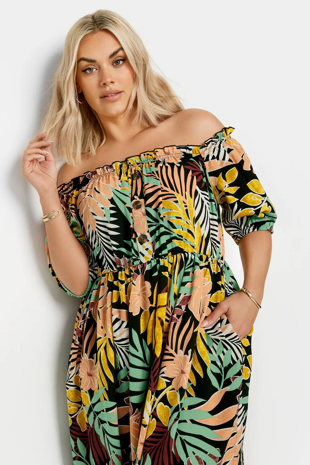 YOURS Curve Black Tropical Print Bardot Midaxi Dress
