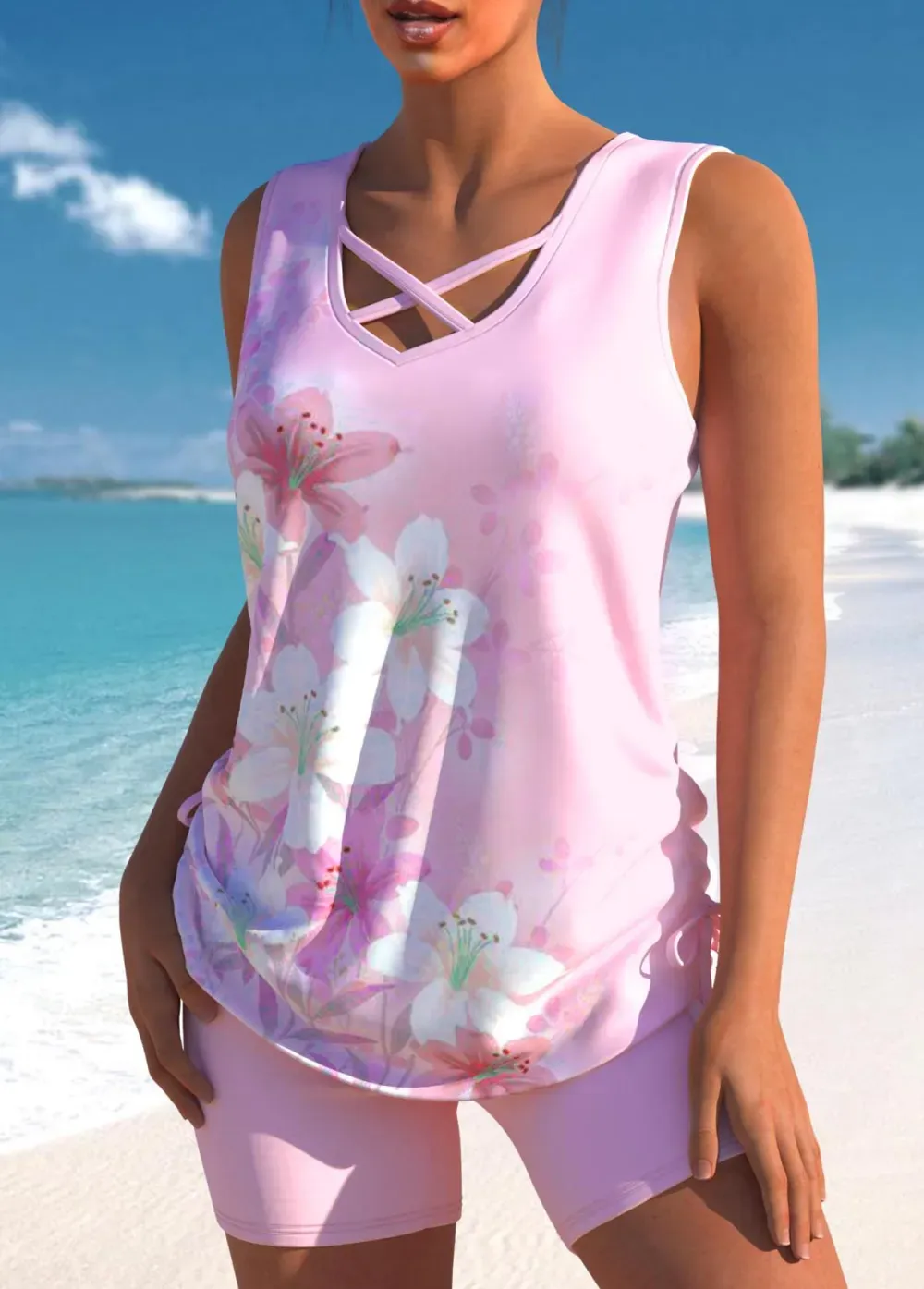 Floral Print Black Cross Strap Tankini Set