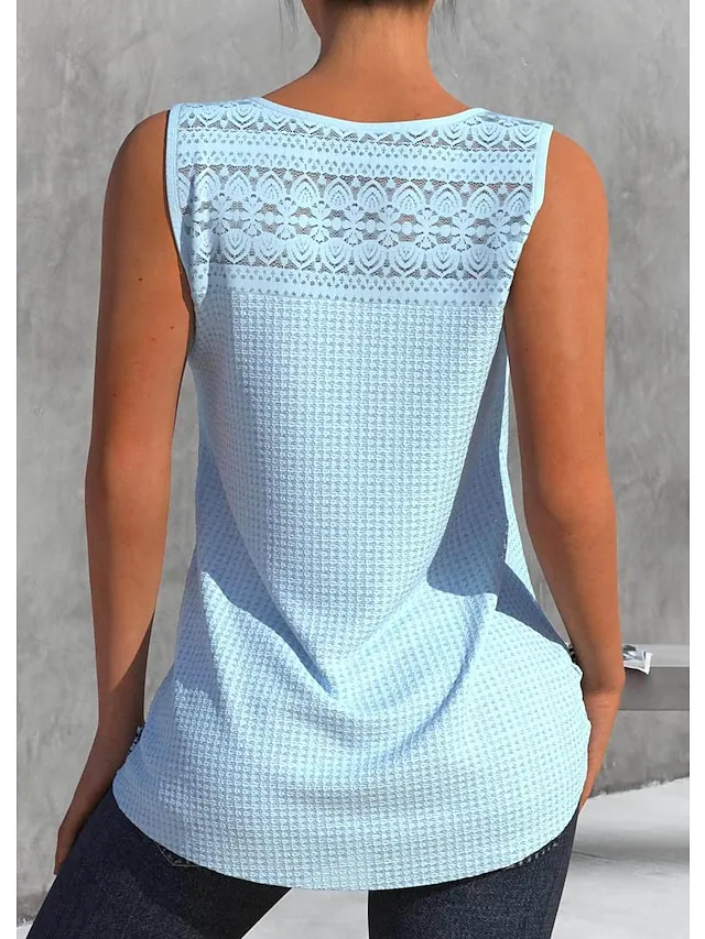 Women's Tank Top White Blue Plain Lace Sleeveless Casual Basic V Neck Regular S