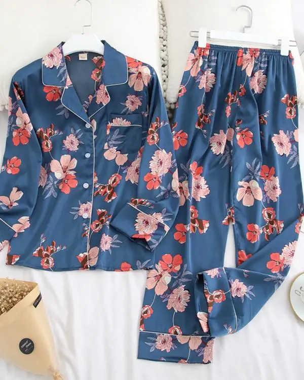 Long Sleeve Pajamas Ice Silk Printing Fashion Sleepwear Set