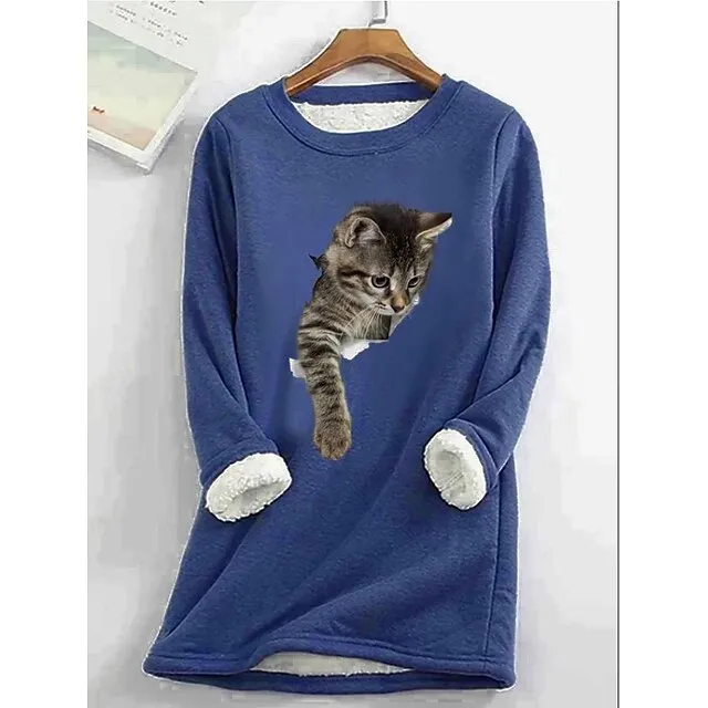 Women's Plus Size Sweatshirt Pullover Cat Teddy Sherpa Fleece Denim Blue Black White Street Casual Round Neck Long Sleeve Top Micro-elastic Fall & Winter