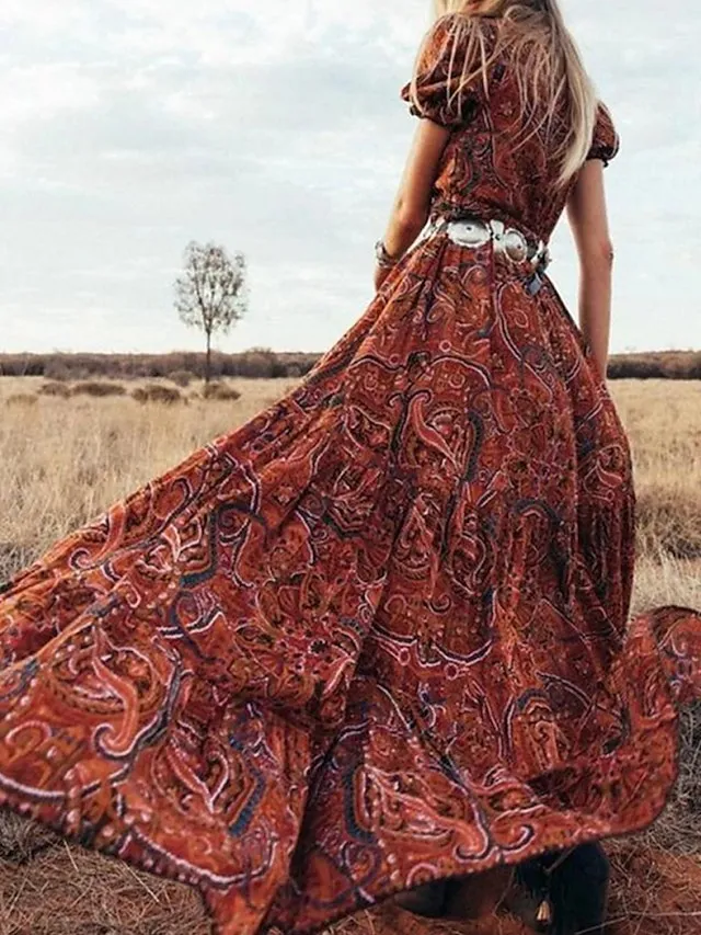 Women's Swing Dress Boho Dress Long Dress Maxi Dress Tribal Ethnic Blue Red Brown Short Sleeve Floral Button Split Print Spring Summer V Neck Casual Belt Not Included Loose Fit 2023 S M L XL XXL 3XL