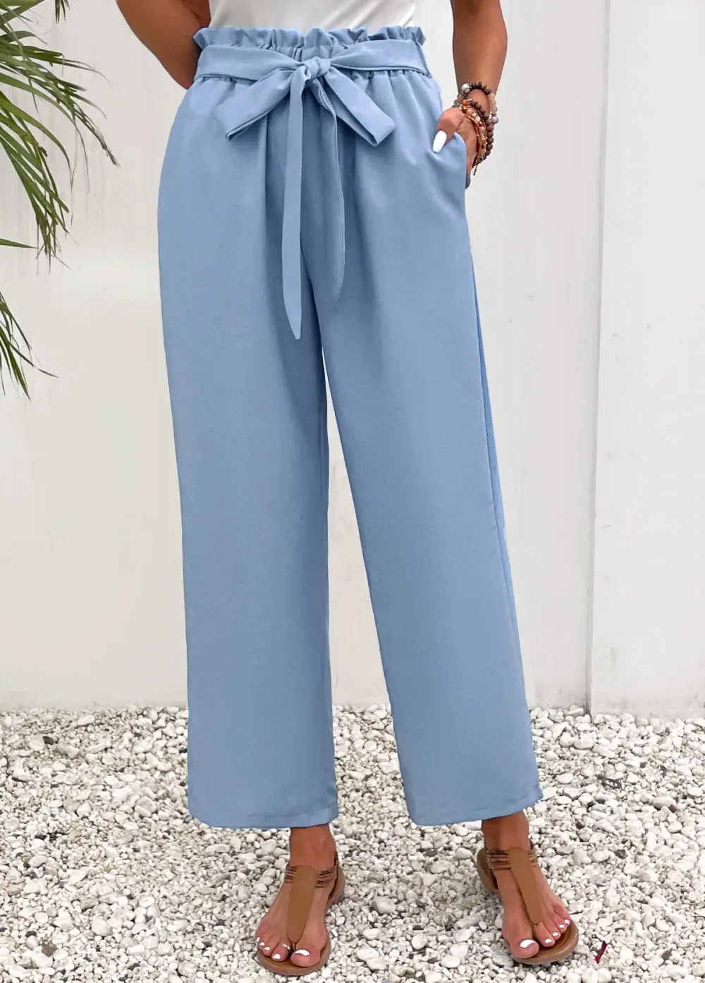 Dusty Blue Pocket Elastic Waist High Waisted Pants
