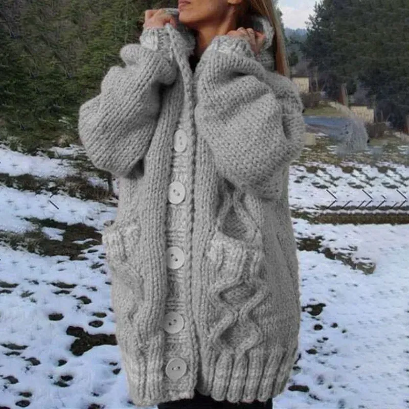 Thickened Loose Hooded Button-Down Knitted Cardigan