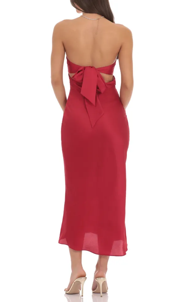 Satin Twist Cutout Midi Dress in Red
