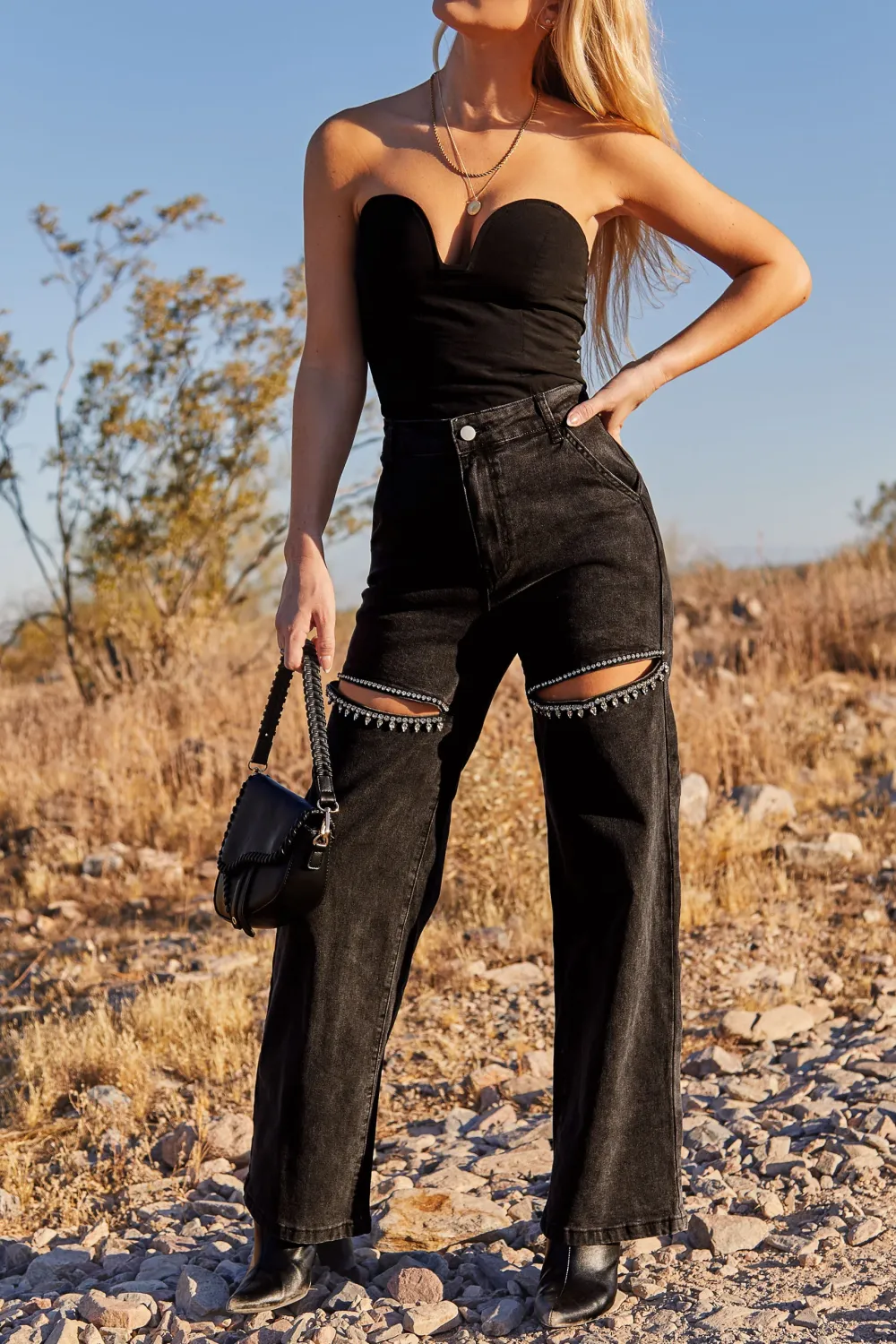 Black Cutout Rhinestone Relaxed Jeans