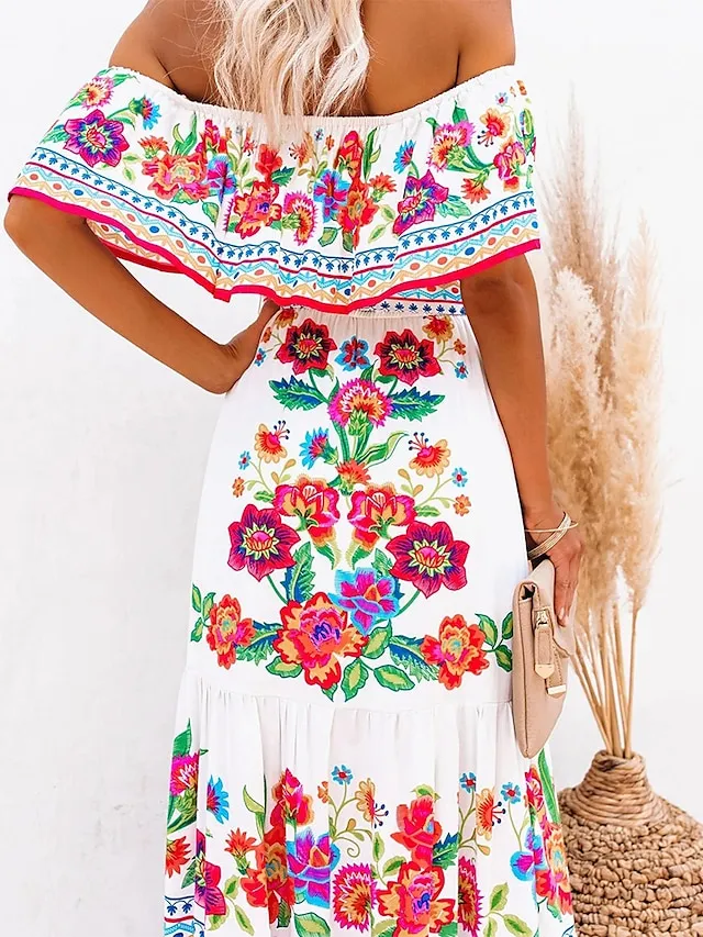Women's Swing Dress Boho Dress Long Dress Maxi Dress Black White Yellow Short Sleeve Floral Cold Shoulder Summer Spring Off Shoulder Romantic Vacation Summer Dress Spring Dress Regular Fit 2023 S M L