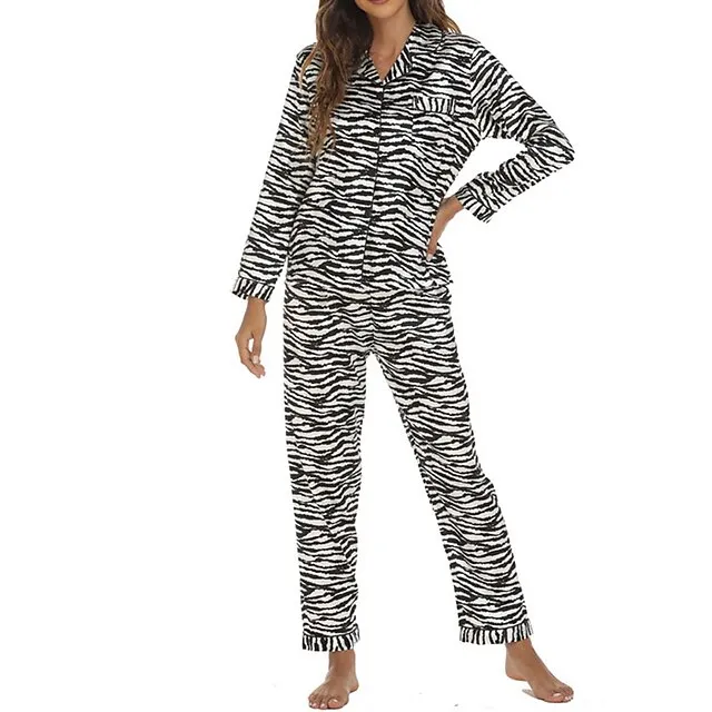 Women's Pajamas Sets Pjs 2 Pieces Leopard Stripe Fashion Simple Comfort Home Daily Vacation Satin Breathable Gift Lapel Long Sleeve Pant Button Elastic Waist Fall Spring Light Pink Black