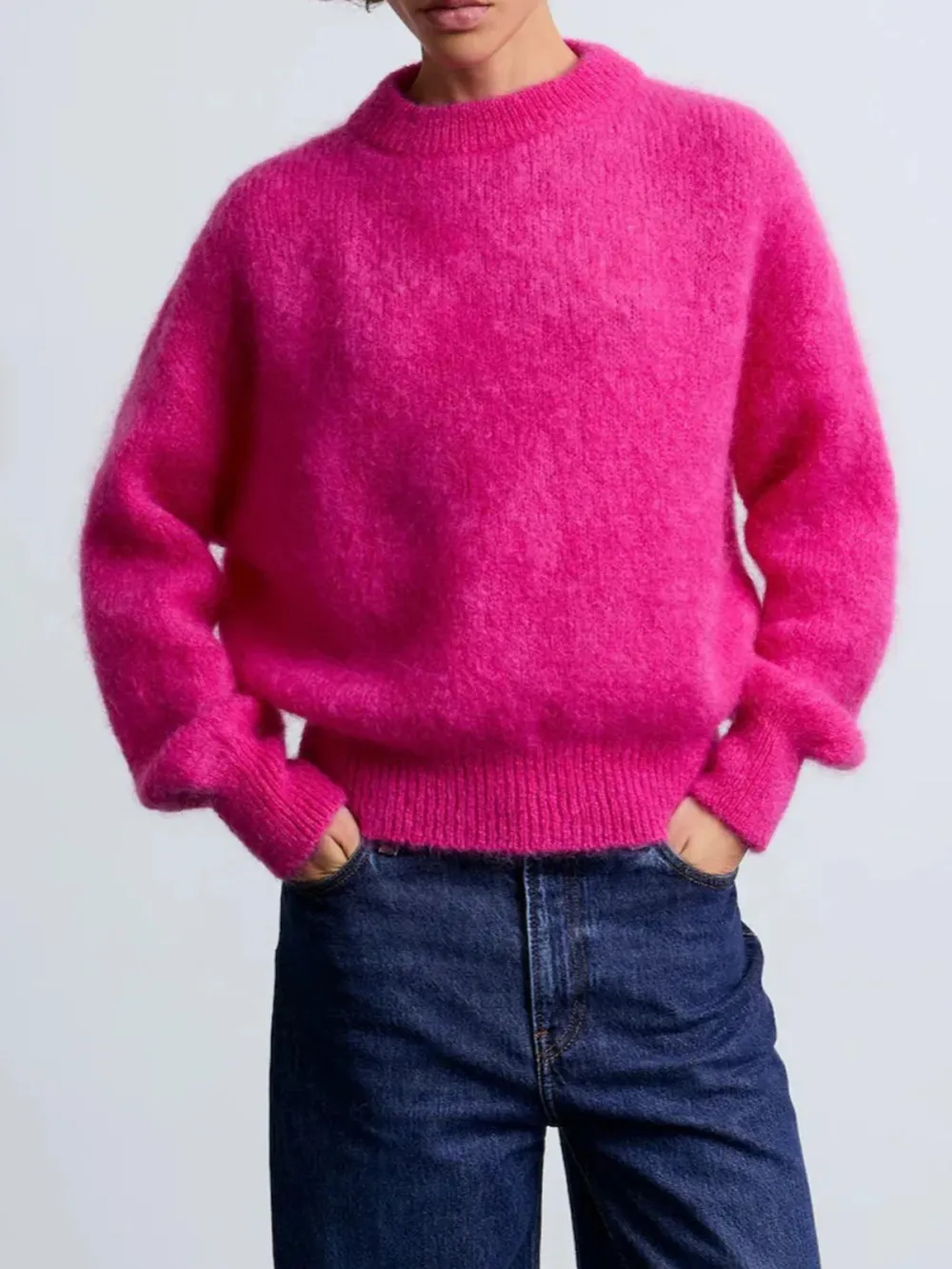 Casual Style Crew Neck Sweater Fuschia