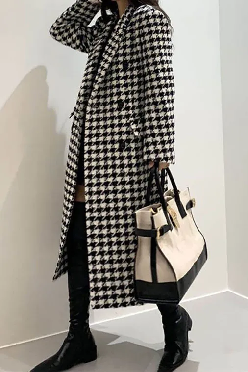 Classic Houndstooth Lapel Coat with Pockets