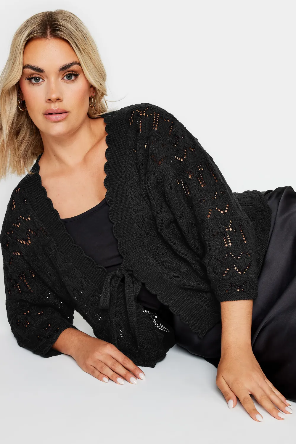 YOURS Curve Black Crochet Tie Front Shrug