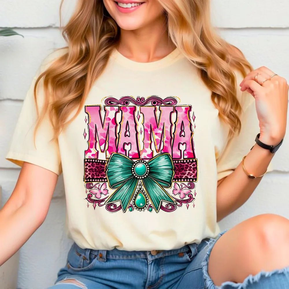 Pink Capital Letters “MAMA” Slogan And A Teal Bow, Jewel Decoration, Surrounded By Pink Flowers And Stripes Decorative Band Monogram, Casual T-Shirt.