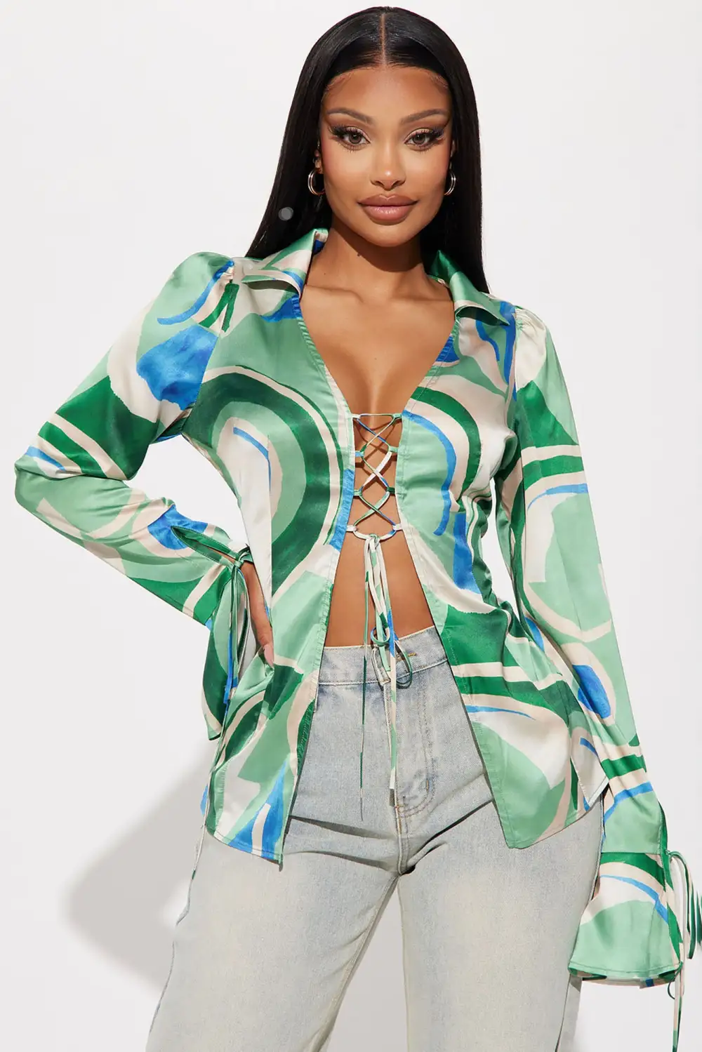 Picture This Satin Blouse Top - Green/combo