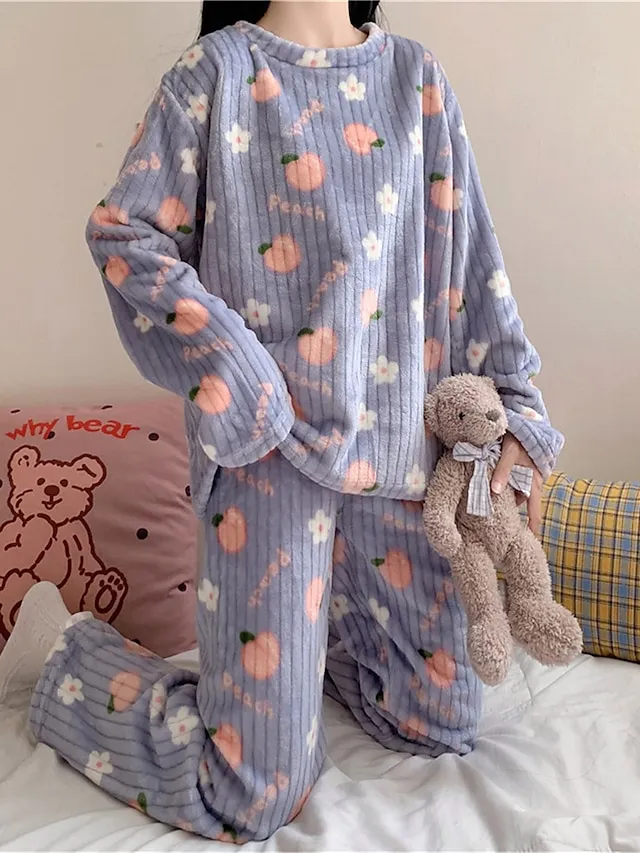 Women's Fleece Coral Pajamas Sets Cartoon Fruit Fashion Plush Casual Home Daily Bed Coral Breathable Crew Neck Long Sleeve Pant Summer Fall Lotus Pink Black