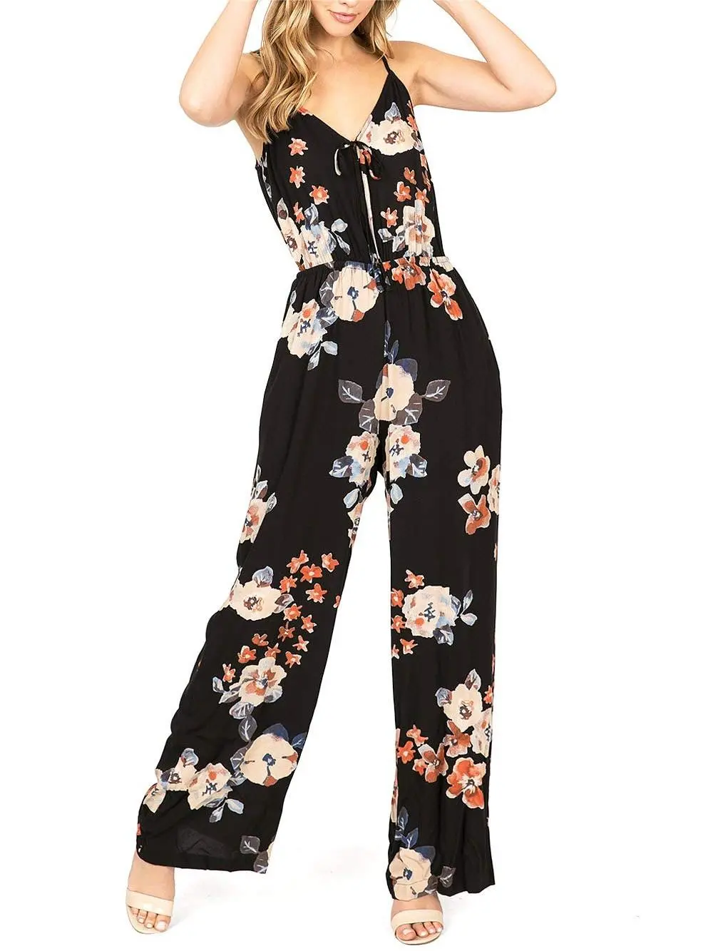 Black Floral Print Spaghetti - Strap Jumpsuit