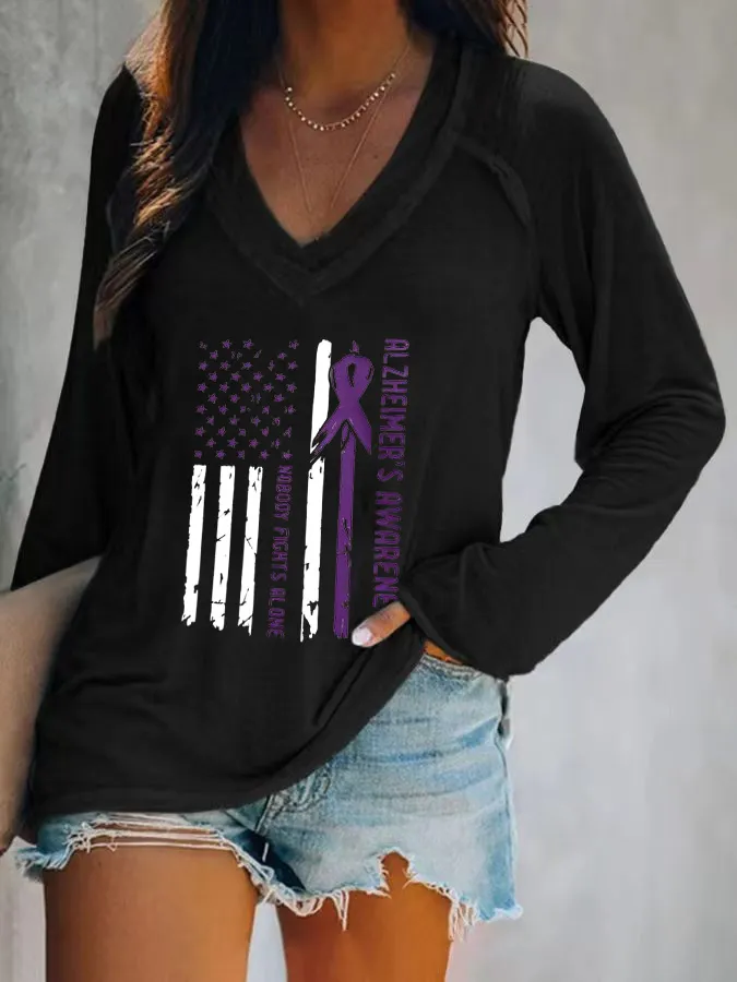 Women'S Alzheimer'S Awareness Nobody Fights Alone V-Neck T-Shirt