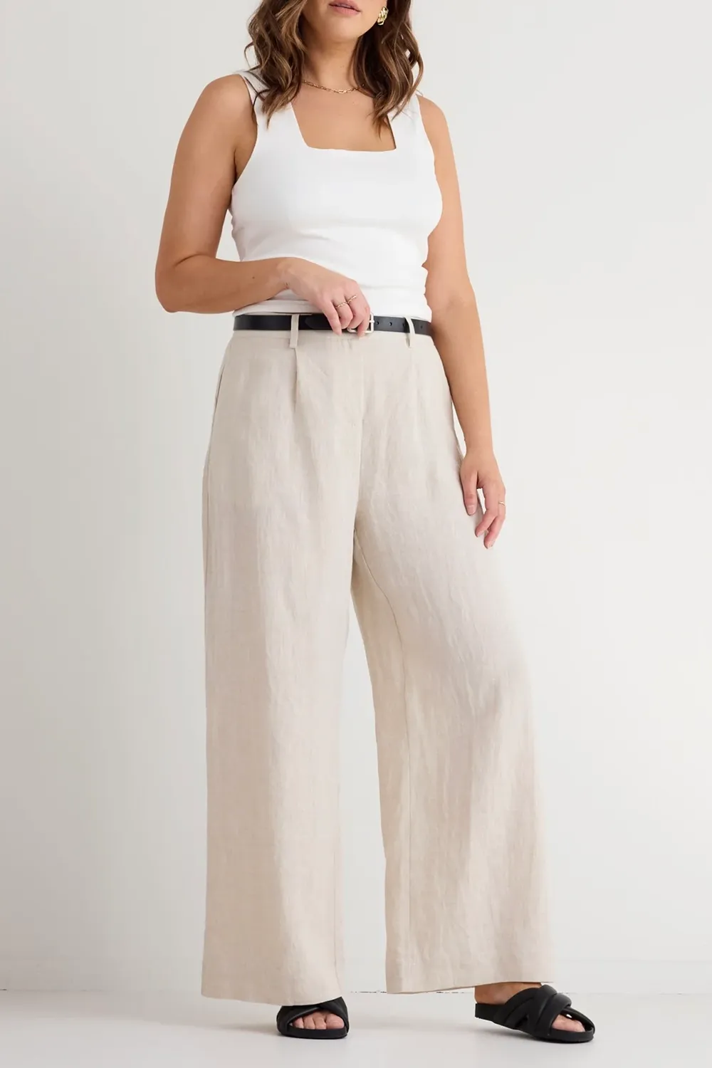 Natural Linen Pleat Front Wide Leg Pant